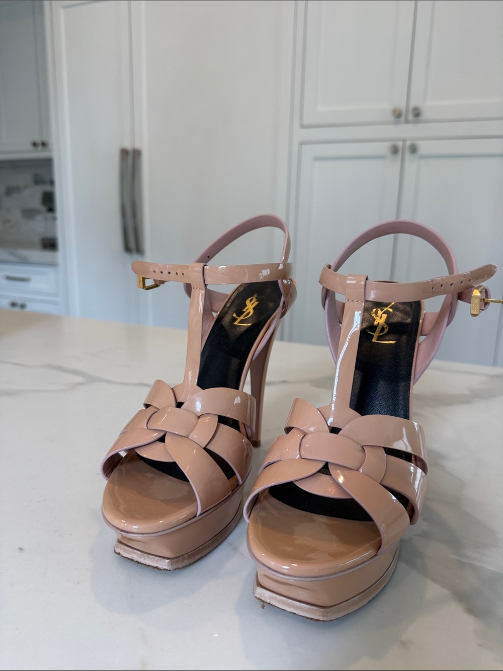 Saint Laurent Nude Patent Leather Woven Platform Sandals - Picture 2 of 7